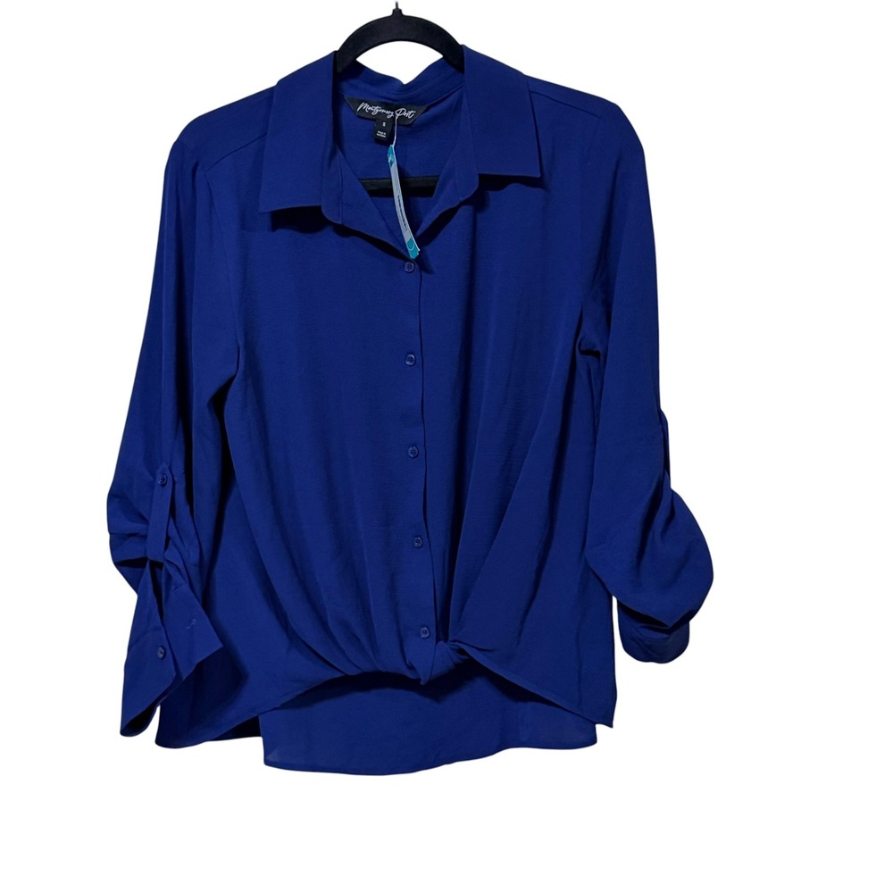 Montgomery Post Womens Royal Blue Twist Front Roll Tab Sleeve Blouse‎ Small